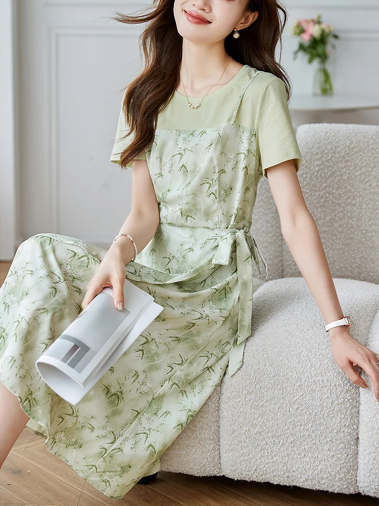 

Женское летнее платье миди А-силуэта с цветочным принтом, имитация двух частей, с завышенной талией, повседневное, для офиса