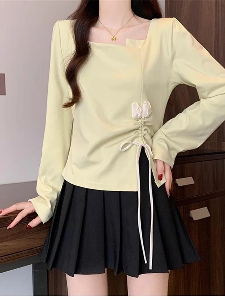 Spring 2026 plus Size Women's T-Shirt Slimming Gathered Waist Square Neck Long Sleeve Base Shirt Top High Waist Design Anti-Ball