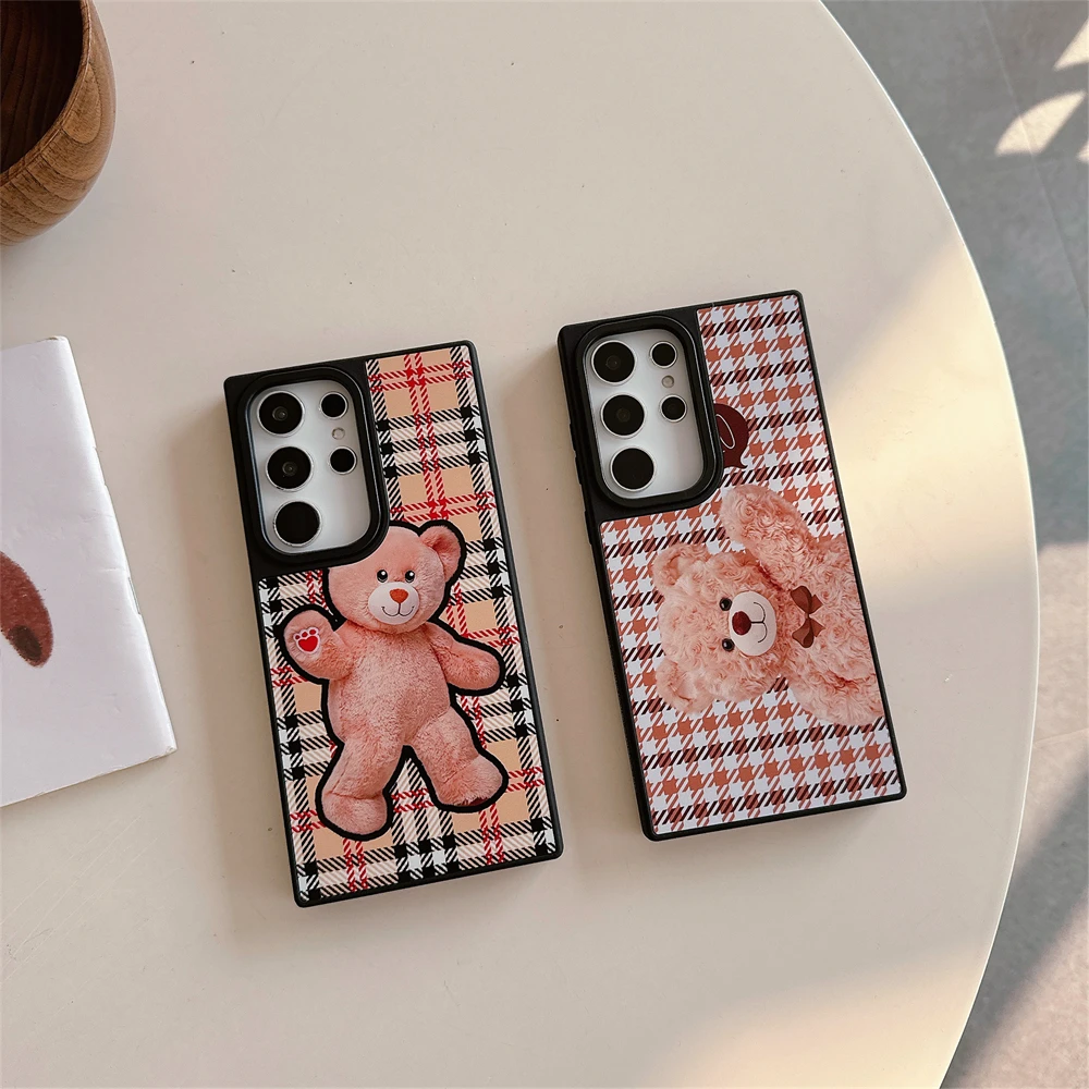 

For Samsung S25 S24 S23 Ultra Checkerboard Bear Case Galaxy S23 S24 S25 Plus Hard Back Shockproof Mirror Case