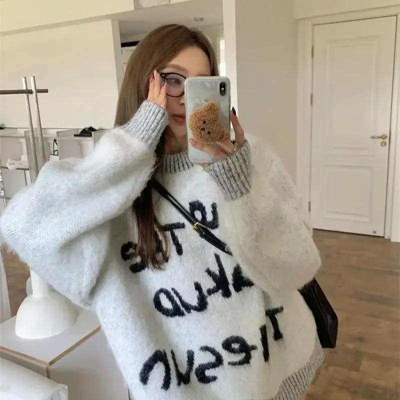 American Printed Sweatshirt Autumn Winter Retro Letter Women Long-Sleeved Pullover Sweatshirt Jacket Mid-Length