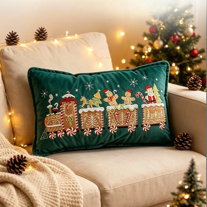 Christmas Gingerbread Train Embroidered Throw Pillow Cover Soft Velvet Cushion Case Festive Holiday Party Pillow Case Home Decor