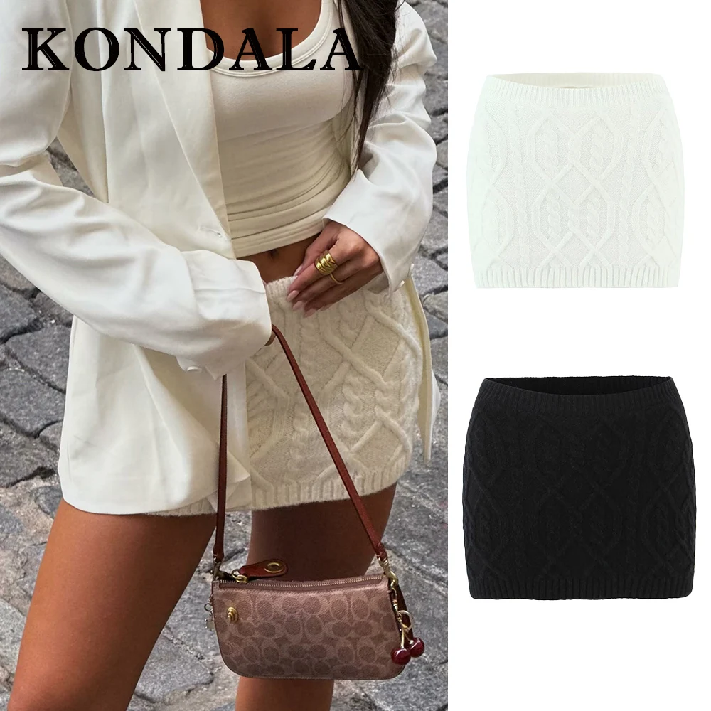 

KONDALA Chic Sheath Sexy Woman Elegant Fall White Mini Knit Skirt Streetwear Winter Fashion 2025 Modern High Street Black Skirt