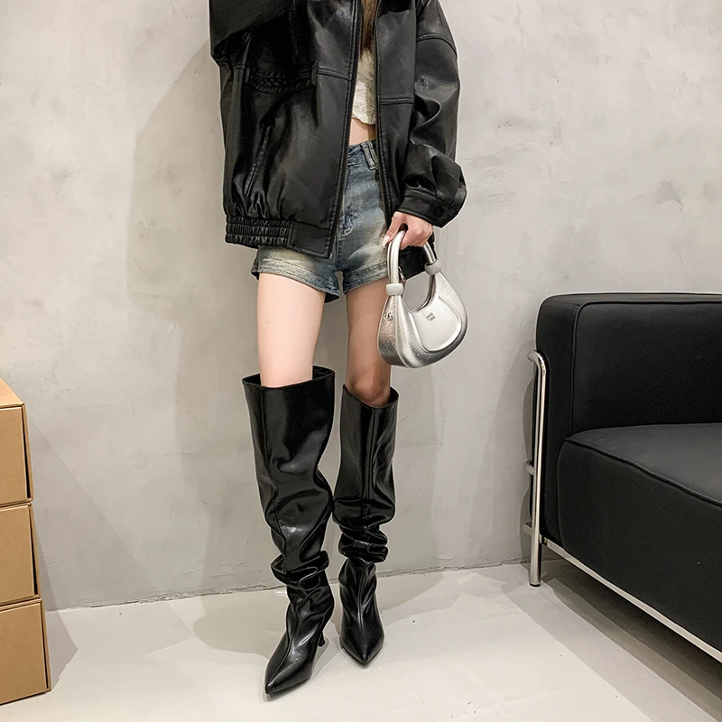 

Long Tube Pleated Pointed-toe Ankle Boots for Women, 2026 Spring/autumn High-heeled Boots