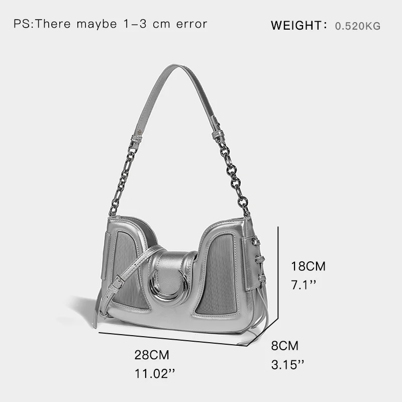 MABULA Luxury Designer Silver Women\'s Shoulder Bag Exquisite Chain Leather Cross Body Purse Trend Lady Cell Phone Clutch Handbag