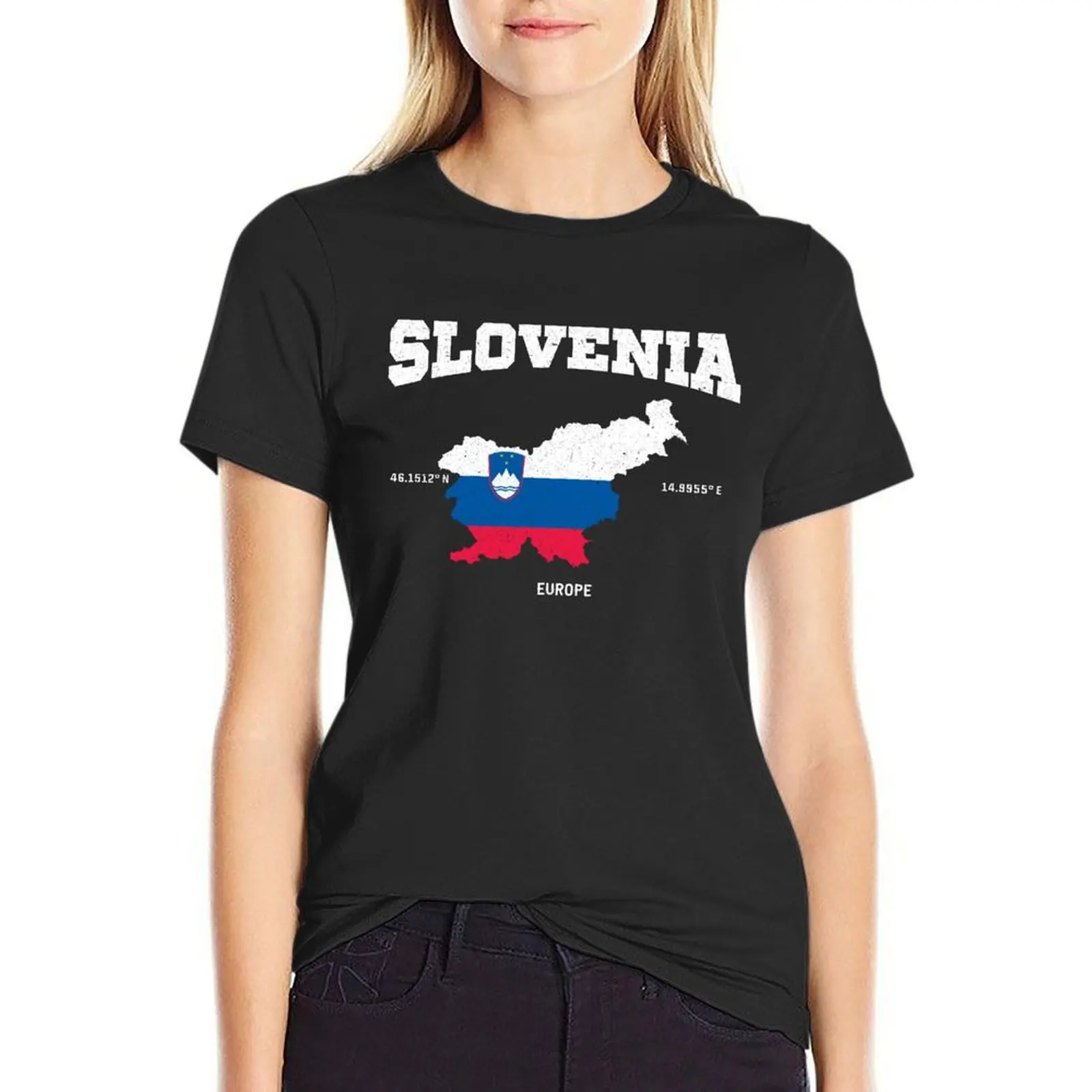 Slovenia flag map, Slovenia coordinates, Slovenia Localisation T-Shirt cute tops kawaii clothes designer clothes Women luxury