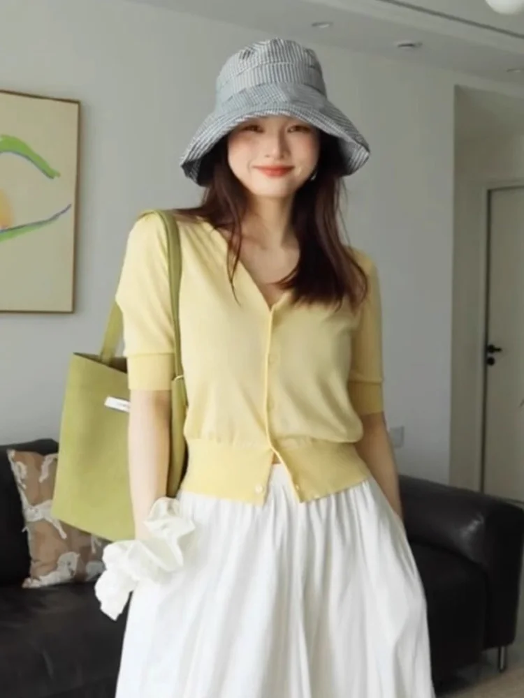 Cómoda protección solar de punto fino cubrir dulce joven adelgazamiento Casual perezoso versátil ort Sve v-ne Top