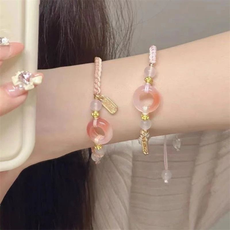 New Chinese Style Ethnic Style Peace Buckle Braided Bracelet Girl Heart Beaded Hand Strap Bestie Bracelet Jewelry Accessory Gift