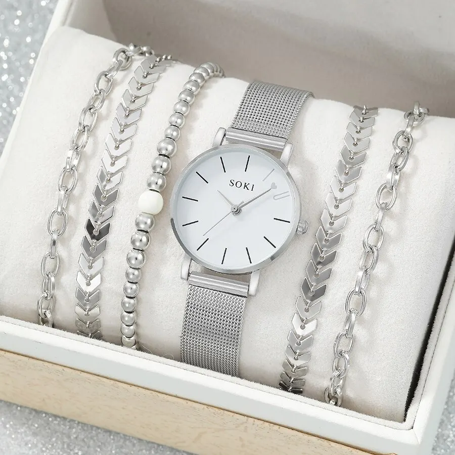 6pc Simple Silver Quartz Watch With Bracelet For Women Casual Fashion Round Simple Silver Watch Dainty Wheat Bracelets Set