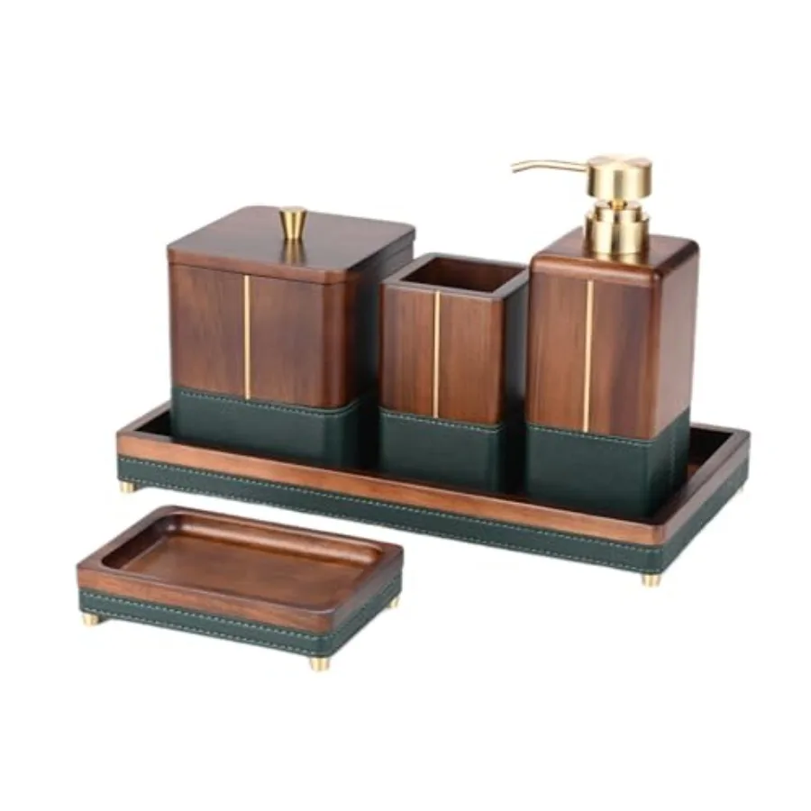 

MIIRO 5 Piece Acacia Wood atroom Accory t wit Tray Wooden Soap Dispenr Tootrus older Cotton Swa Jar Soap Dis for Vaty Counterto
