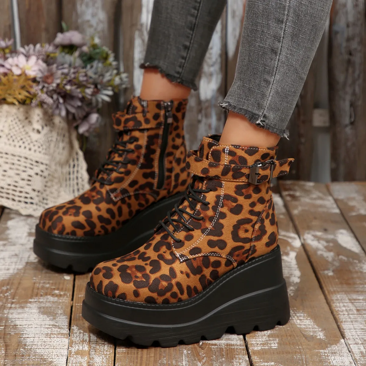 Women 2025 Leopard Plus Size Ankle Boots Side Zip Front Lace-up High Heels Shoes Wedges Platform Comfortable Outdoor Wedge Boots