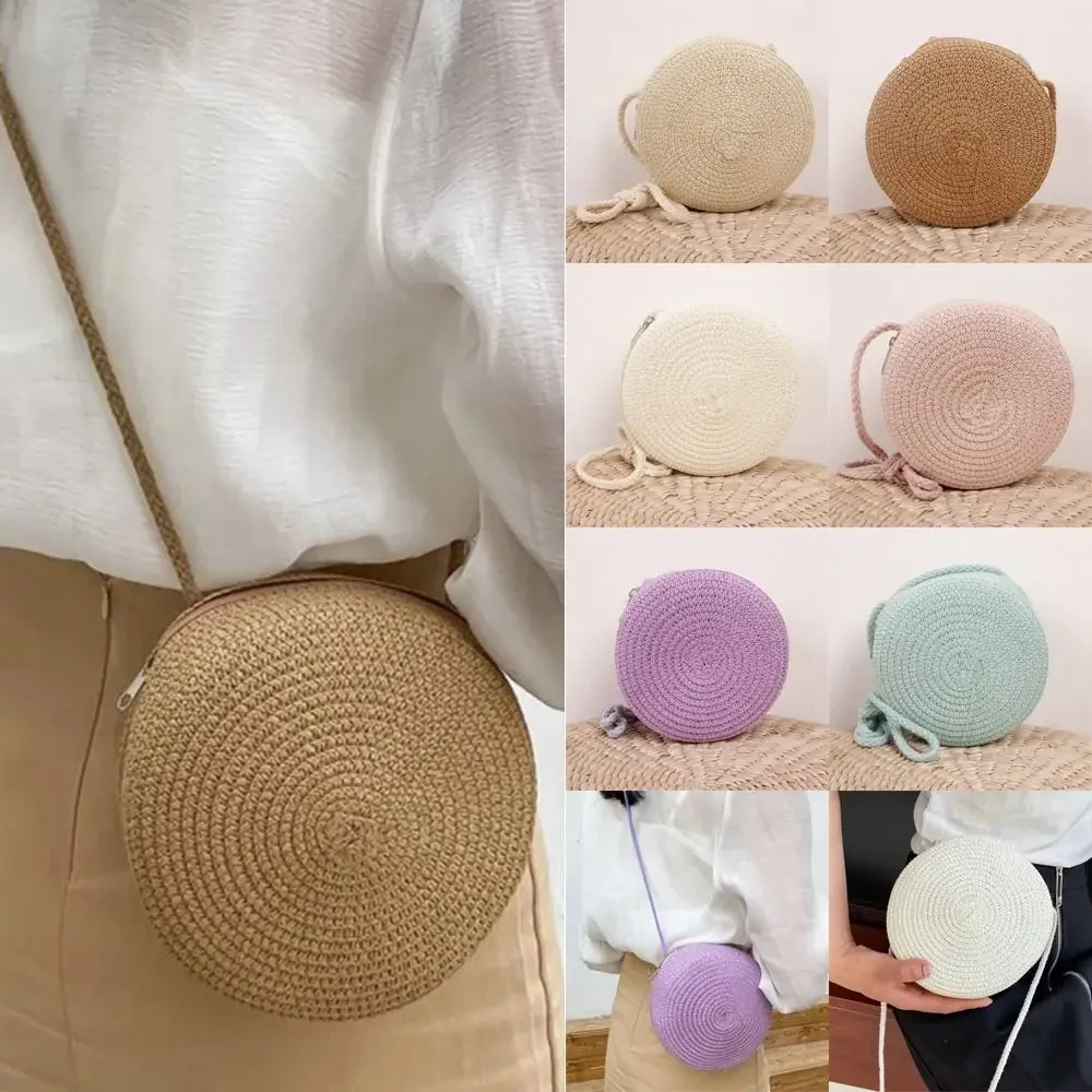 Handmade Knitted Round Straw Bag Beach Crossbody Bag for Ladies Children Cute Shoulder Rattan Woven Candy Color Small Handbag