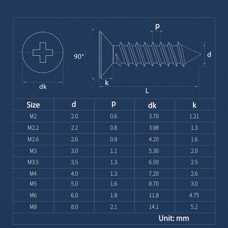 M2 M3 M4 M5 M6 Countersunk Head Phillips Self-tapping Screw 316 Stainless Steel Flat Head Cross Wood Screws Furniture