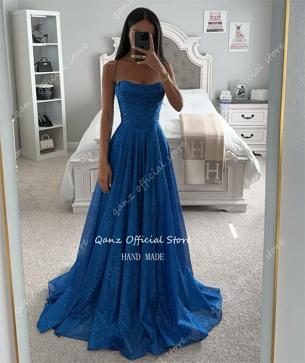 Qanz Shiny Satin Prom Dresses Royal Blue Sparkle Formal Occasion Dresses Spaghetti Straps Elegant Vestidos De Gala Customized