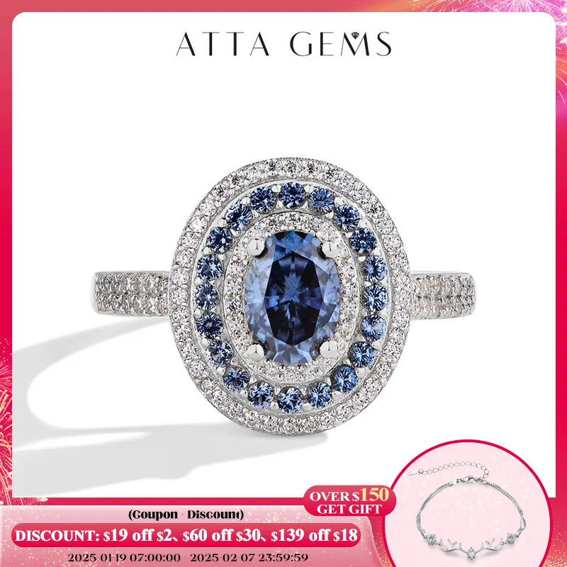 

ATTAGEMS 1CT Oval Cut Blue Moissanite Rings for Women Real S925 Sterling Silver Ethnic Engagement Christmas Gift With Certified