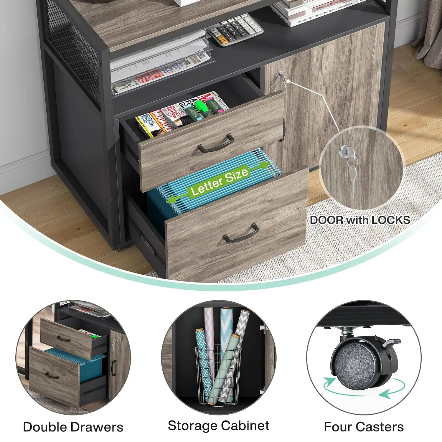L Shaped Executive Desk & File Cabinet with Locks, 55" Home Office Furniture Set for Hanging, Customized
