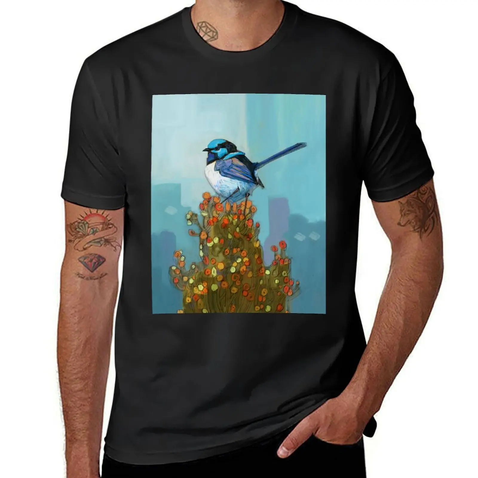 Blue Wren on Bush T-Shirt anime Aesthetic clothing oversized hippie clothes mens t shirt graphic