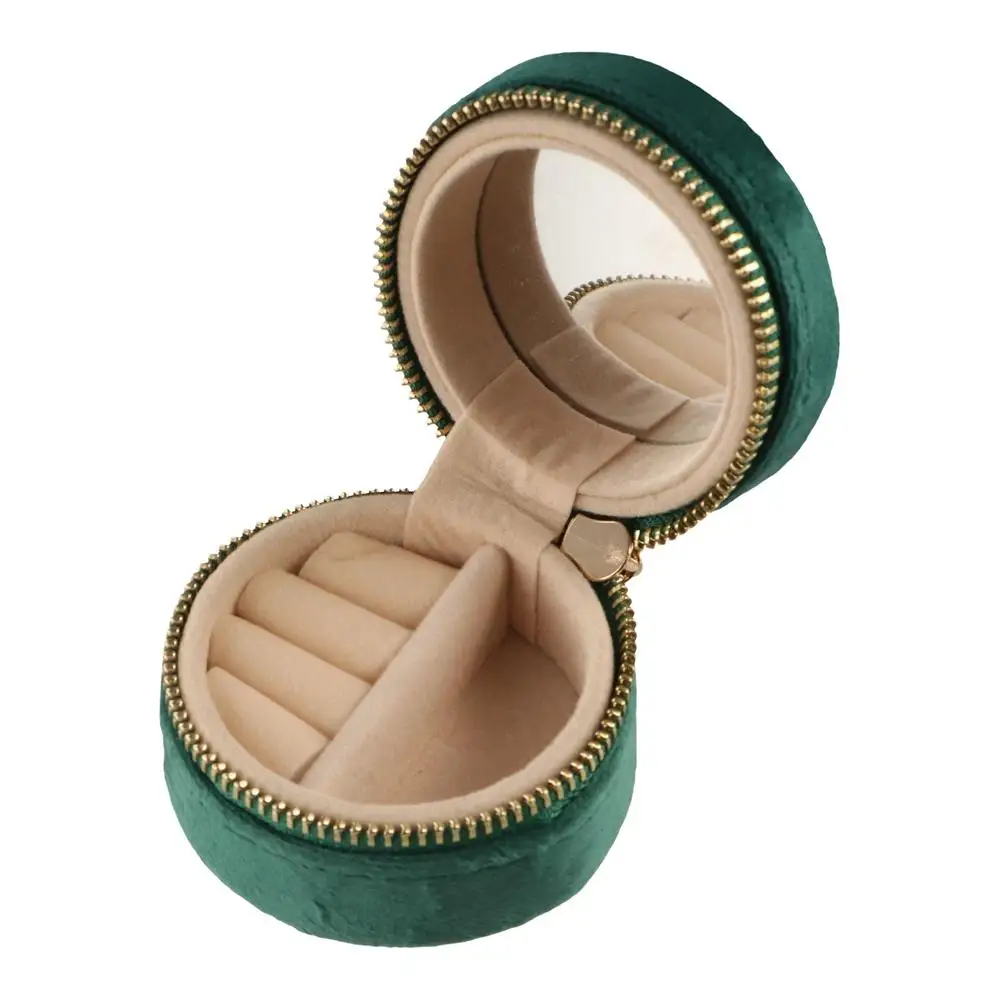 

Simple Round Shape Velvet Jewelry Box Dustproof Zipper Jewelry Case Mini Luxury Earrings Rings Bag Girls