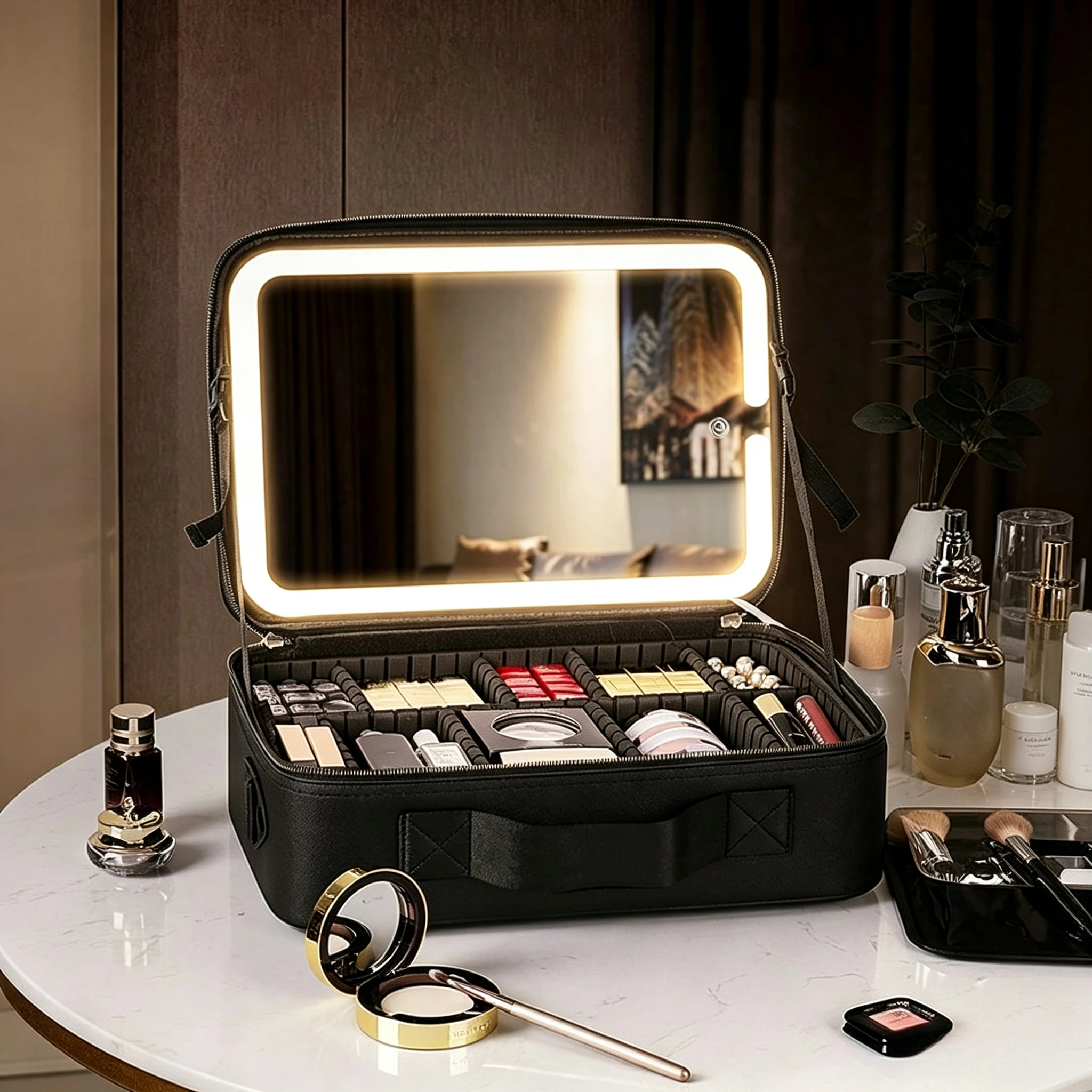 Travel Makeup Bag with LED Lighted Mirror, Large Capacity Rechargeable Cosmetic Organizer Case, Portable Makeup Train Case with 3-Color Dimmable Lighting for Women, Black
