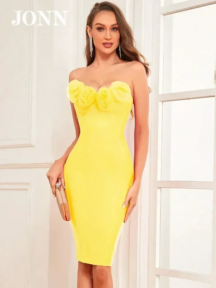 

JONN Yellow Bandage Dress for Women with 3D Flowers Chic Beautiful Strap Sleeveless Party Dress Summer 2024 Elegant Evening Wear