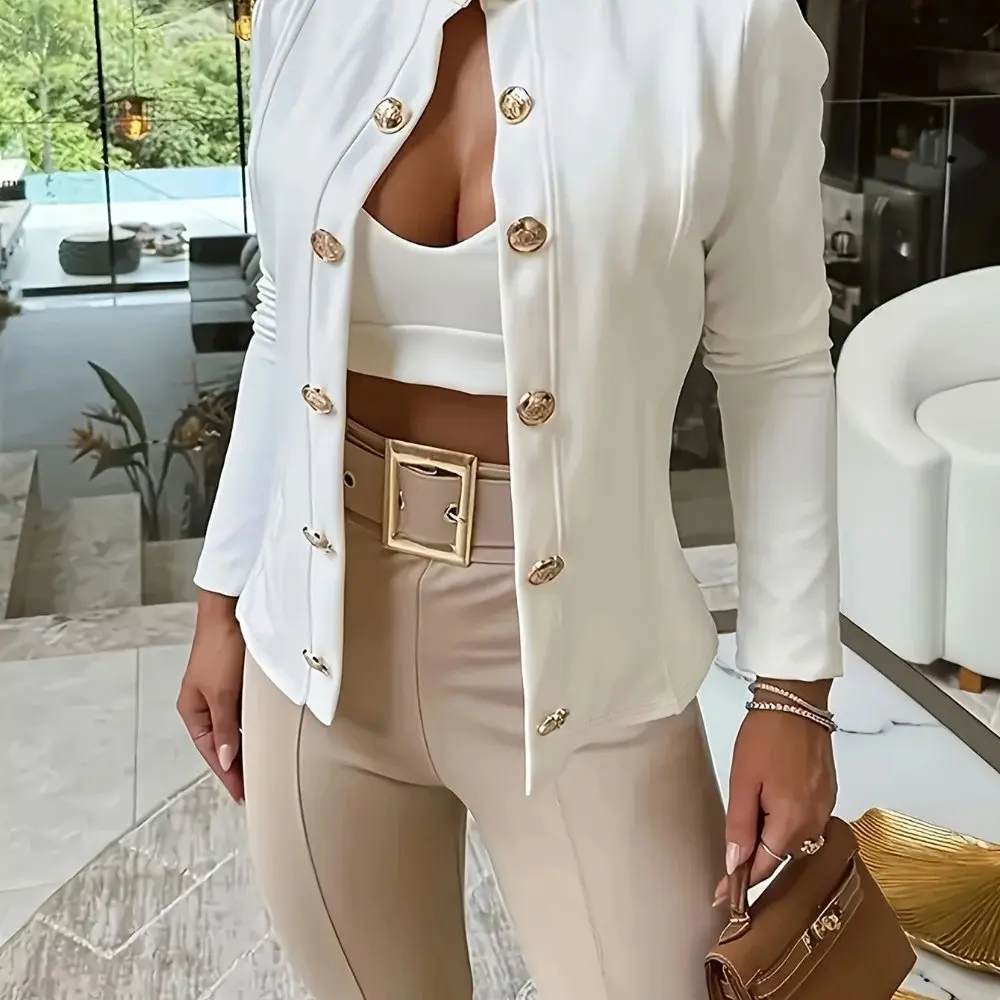 

Women's Slim Fit Double Breasted Suit Jacket Stand Collar Long Sleeve Fashion Outerwear for Europe And America