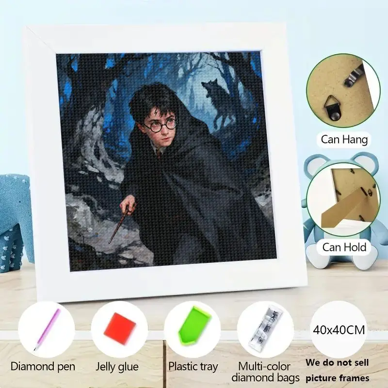 Kit de pintura de diamantes de Harry Potter, arte de fantasía mágica de mago de taladro completo 5D DIY, escena de bosque misterioso con varita y lobo, grande 4