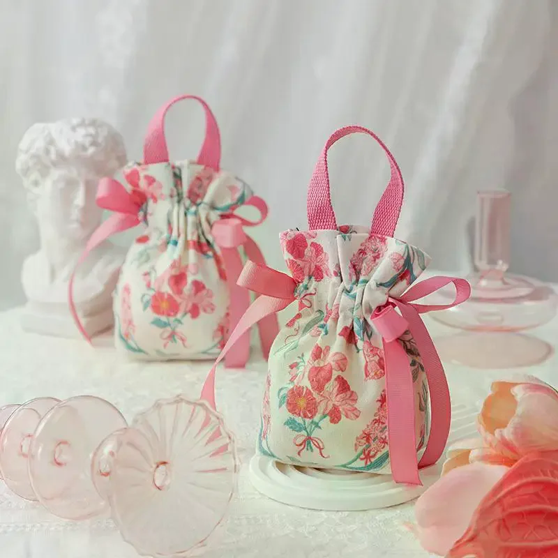 Retro Floral Pattern Drawstring Candy Bags Portable Reusable Wedding Party Favor Packaging Pouches