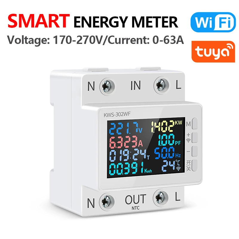 Tuya WiFi 8 in1 Smart Power Meter Color Screen 2P Multi-function AC Energy Meter Mobilephone Remotely APP Control 170-270V/63A