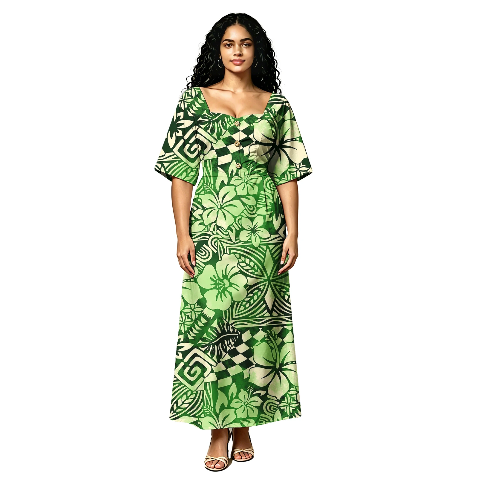 2026 Summer New Samoan Women Clothes Polynesian Coconut Button Elegant Dresses Hawaiian Hibiscus Print Custom Ladies Long Dress