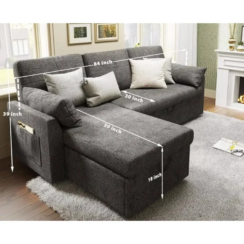 Sleeper Sofa, Sofa Bed- 2 in 1 Pull Out Couch Bed with Storage Chaise for Living Room, Sofa Sleeper with Pull Out Bed, Grey