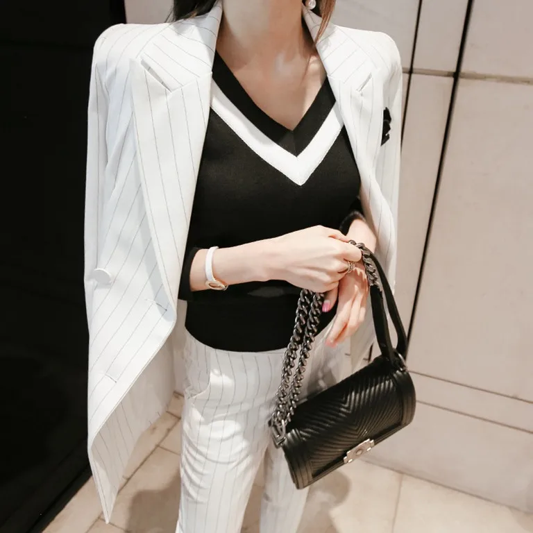 Women\'s OL Fashion Elegant White Stripe Slim Double-breasted Suits Professional Suit Female Suit Two-piece Long Pant Suits