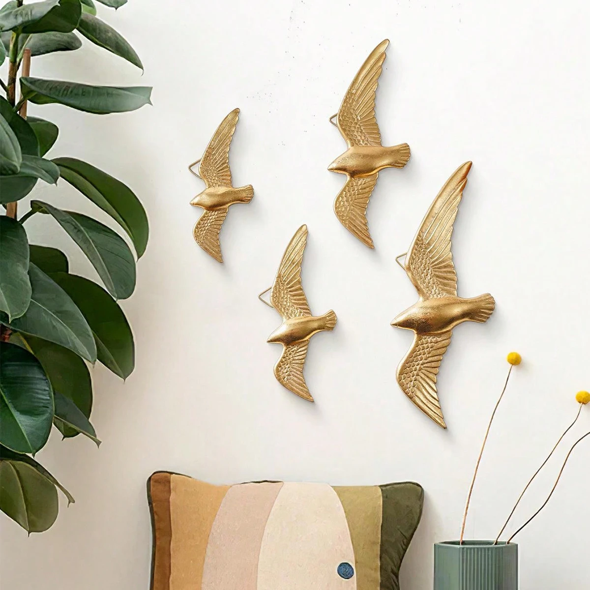 4 pièces, tenture murale décorative en forme d'oiseau doré, adaptée au salon, au bureau, au magasin et au célébration, décoration murale de fête