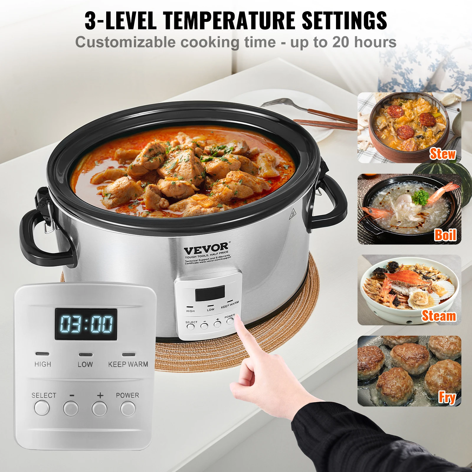 VEVOR Slow Cooker 6QT 240W Electric Slow Cooker Pot with 3-Level Heat Settings  Digital Slow Cookers for Home/Commercial Use