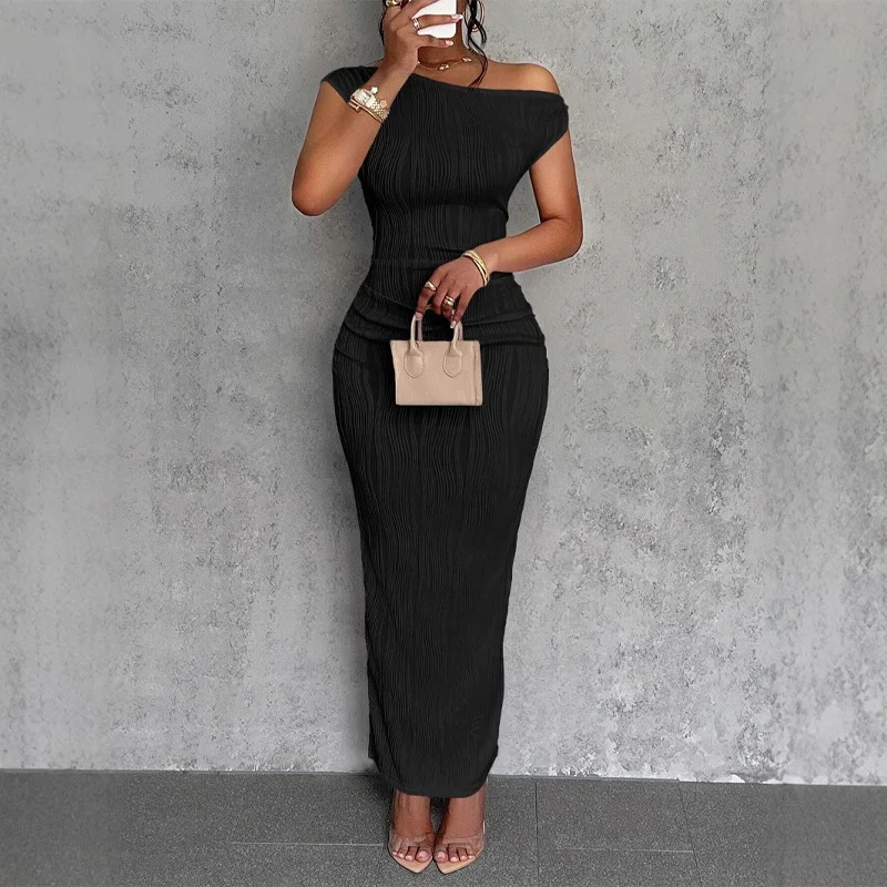 

2025 New Fashion Water Ripple Slanted Shoulder Dress Women's Elegant And Solid Color A-line Collar Mid-waist Sexy Hip Wrap Skirt