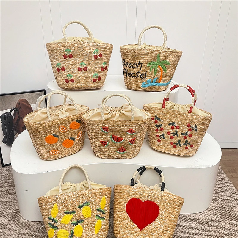 

Новые соломенные сумки-тоут с вышивкой фруктов, повседневные, милые, весна/лето 2026, хит продаж, для пляжного отдыха, сумки через плечо