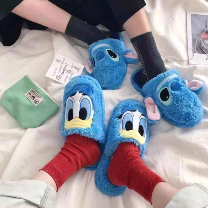 Pantoufles d'hiver en peluche pour femmes, dessin animé Disney Kawaii Donald Duck, pantoufles de maison antidérapantes, chaussures en coton pour filles Alien mignonnes