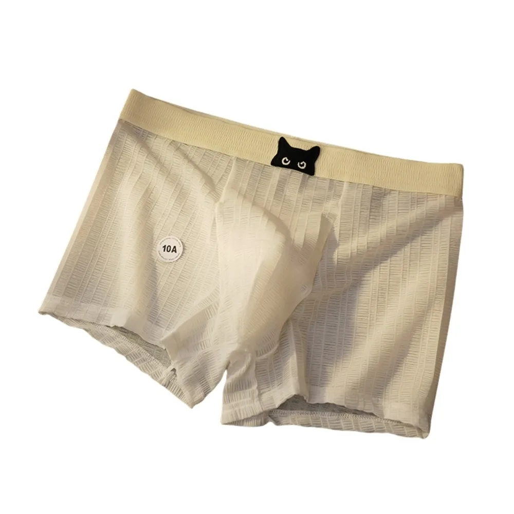 

Simple Solid Color Summer Thin Boxer Briefs Seamless Breathable Mesh Shorts Boxers Cute Cat Transparent Ice Silk Underpants Men