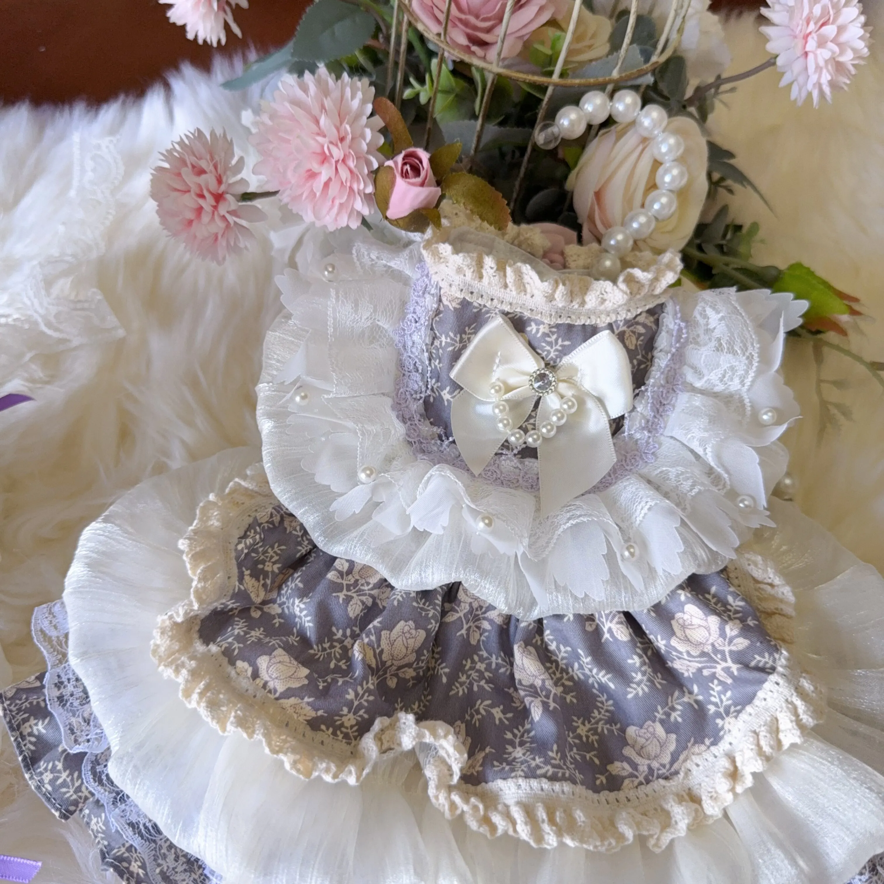 Original Design Hand Made Tulle Summer Purple Gray Rose Print Lolita Sweet Cute and Playful Style Pet Puppy Cat Skirt