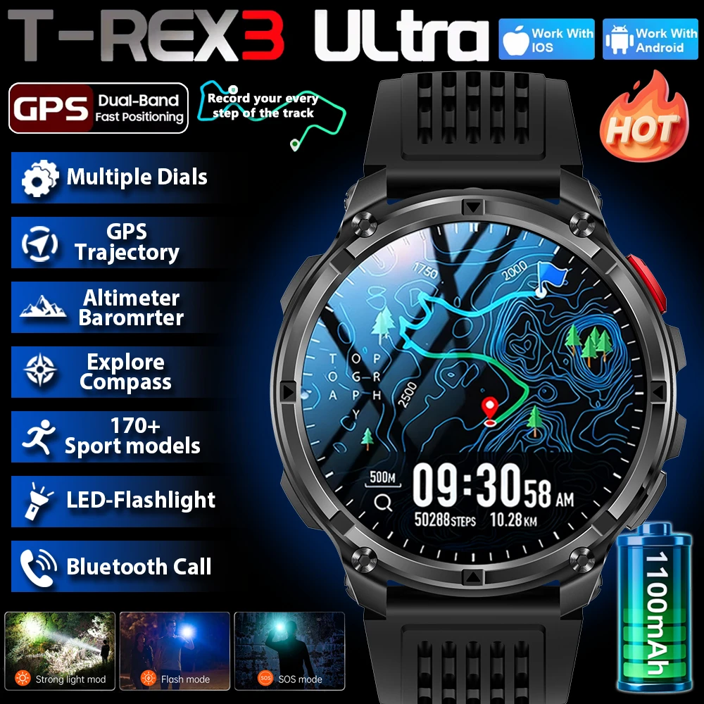 

Новые смарт-часы T-Rex3 Pro 2026 года с аккумулятором 1100 мАч, GPS-трекером, водонепроницаемостью 5ATM, для спорта и бега, с компасом, для активного отдыха, военные смарт-часы