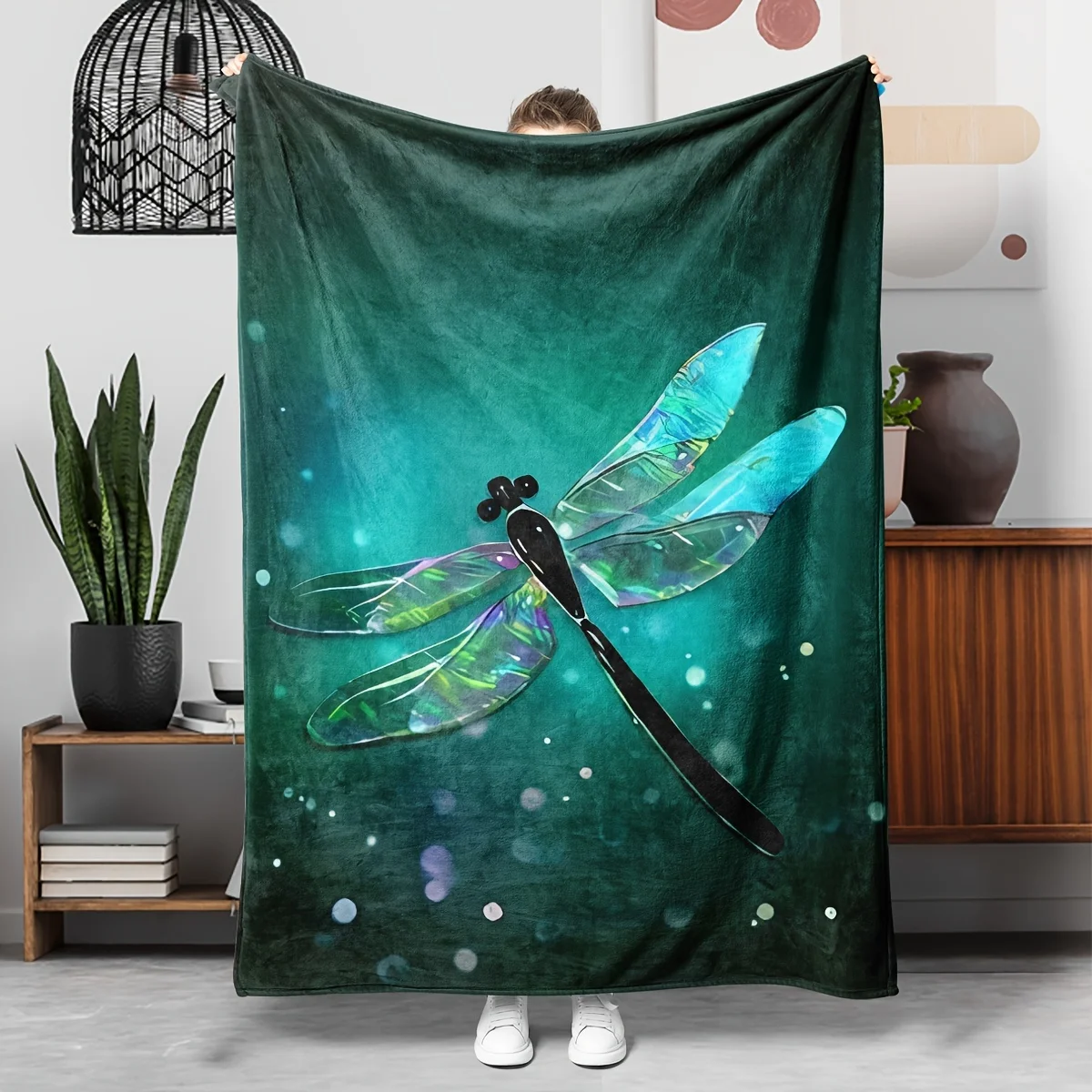 Love Is A Nature Angel Throw Blanket Dragonfly Quote Art Teal Green Watercolor Soft Cover For Couch Sofa Bed Living Room