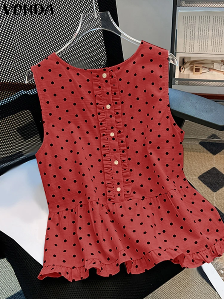 

Sleeveless Blusas Polka Dot Tops Women 2025 VONDA Casual Ruffled Tops Bohemian Round Neck Blouse Oversized Holiday Beach Camis