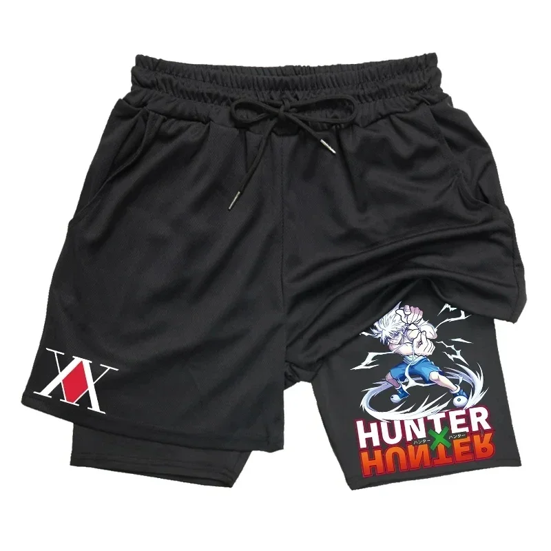 Mens 2-in-1 Athletic Gym Shorts Anime Hunter X Hunter Print Quick Dry Stretchy Active Shorts Fitness Workout Running Sportswear