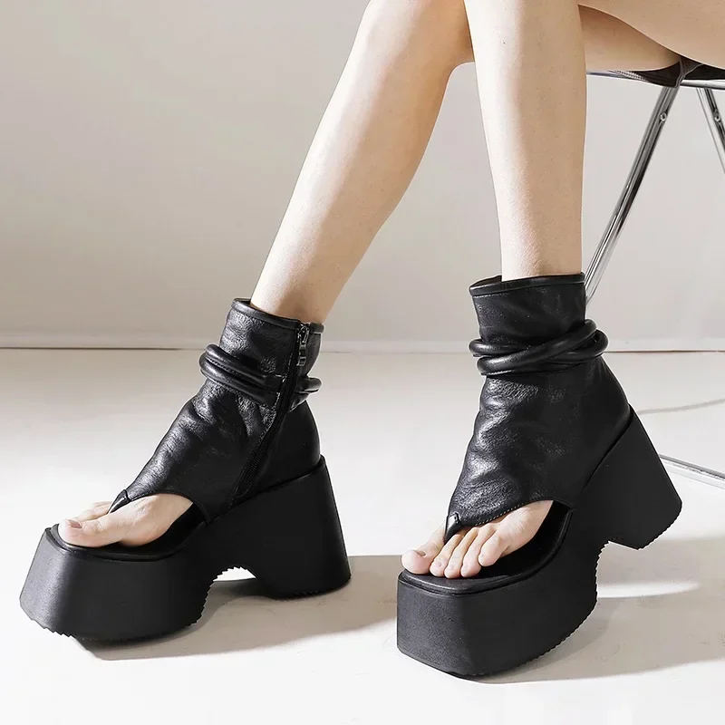 

Summer New Slim Wedges Platform Flip Flops Sewing Cut Out Narrow Band Genuine Leather Women Ankle Short Gladiator Boots