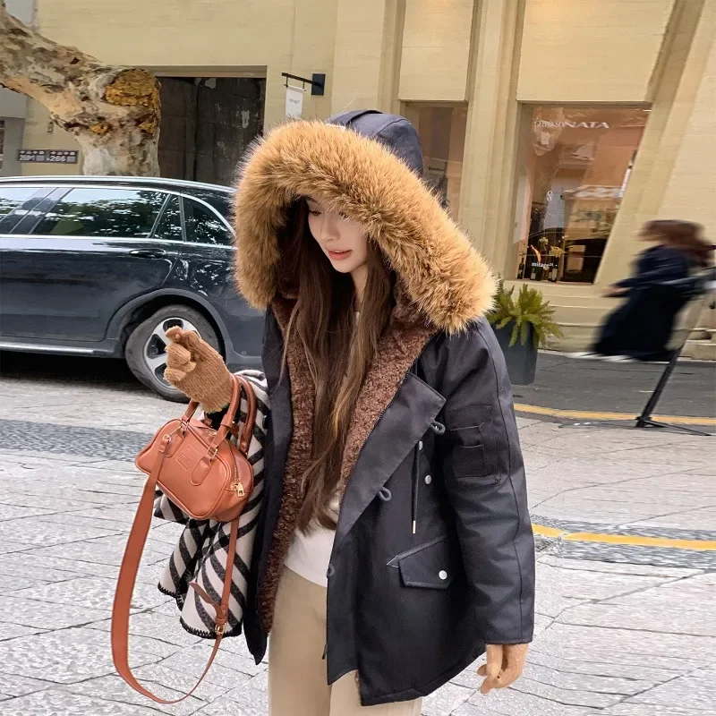 Winter Jackets Thickened Women's Large Faux Fur Hooded Loose Workwear Style Mid Length Coats Windproof Parkas Pockets Outwear