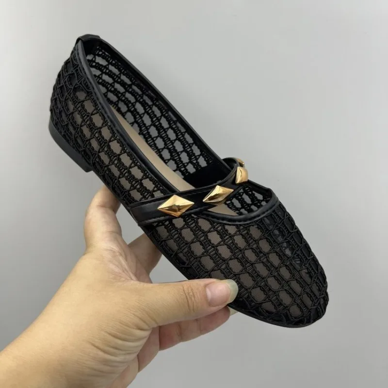 Women's Mary Jane Flats Round Toe Woven Look Hollow Mesh Upper Instep Strap Stud Accents Casual Everyday Summer Walking Footwear