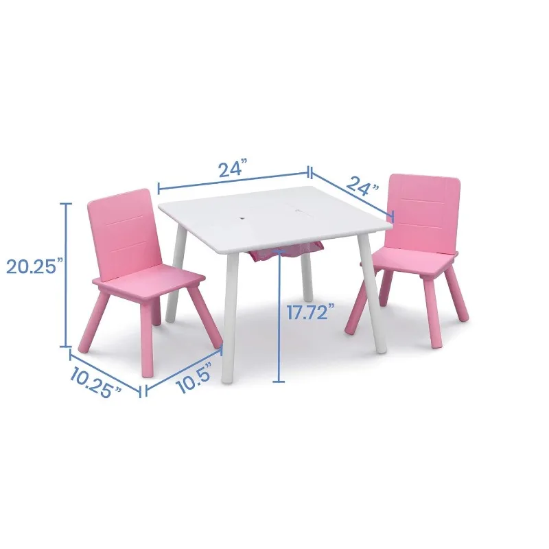 Conjunto de Mesa e Cadeira Infantil com Armazenamento, Branco, Rosa, 2 Cadeiras Incluídas