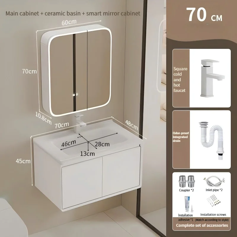 70cm Modern Minimalist Wall-Mounted Hotel Apartment Bathroom Vanity Unit White LED Illuminated Mirror Cabinet Countertop Storage view 6