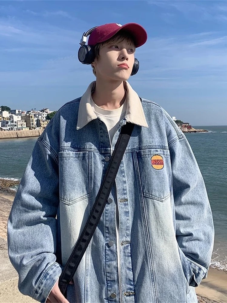 

Американская винтажная джинсовая куртка свободного кроя для мужчин, весна-осень, новая модная рабочая куртка, однотонная, с отложным воротником