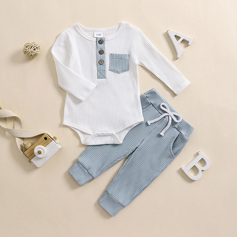 Baby Boys 2PCS Outfit Sets Long Sleeve Crew Neck Button Romper Solid Color Drawstring Pants Sets image 3