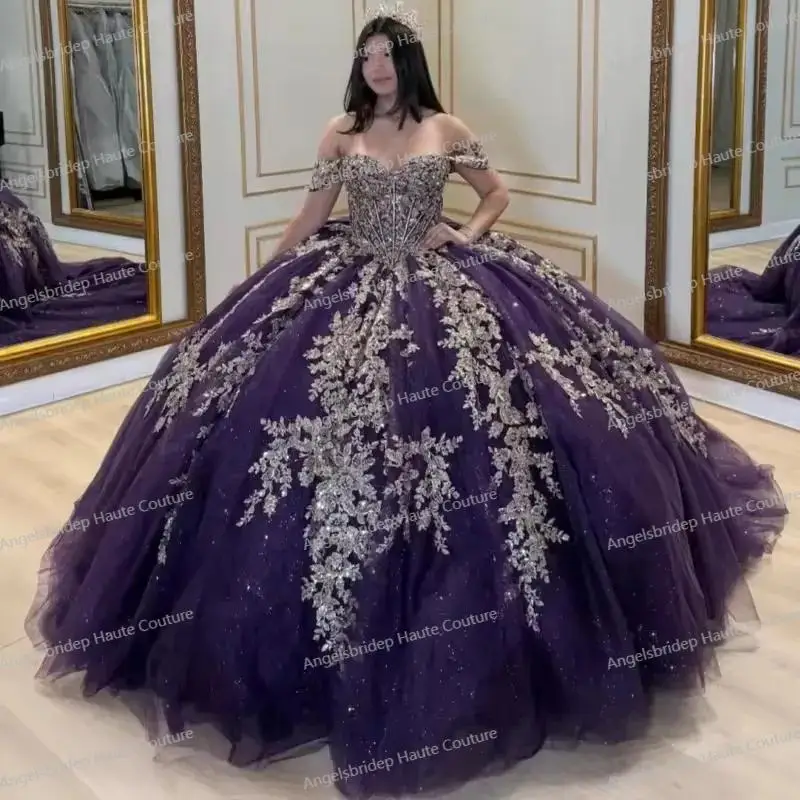 open lace back dress Misshow Luxury Dark Purple Velvet Quinceanera Dress Off-Shoulder Ball