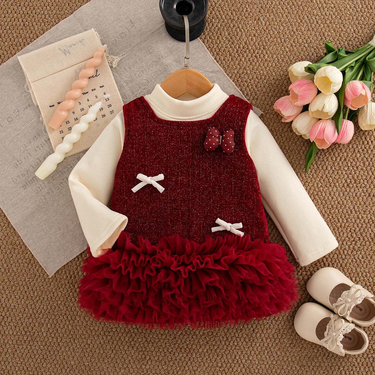 Autumn Baby Girl Christening Dress Set Korean Style Fashion Red Bow Birthday Party Fairy Dress And White Solid Color Sleeved Top